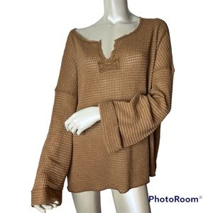 JODIFL Walnut Brown Waffle Knit Long Sleeve Top